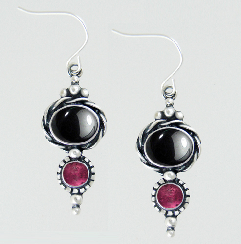 Sterling Silver Drop Dangle Earrings With Hematite And Pink Tourmaline